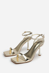 Aubrey Gold Chrome Square Toe Heeled Sandals with Buckle Closure