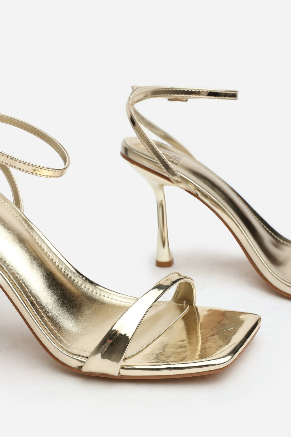 Aubrey Gold Chrome Square Toe Heeled Sandals with Buckle Closure