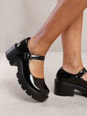 RYLEE CHUNKY PLATFORM BLOCK HEEL RETRO SHOES IN BLACK PATENT