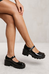 RYLEE CHUNKY PLATFORM BLOCK HEEL RETRO SHOES IN BLACK PATENT