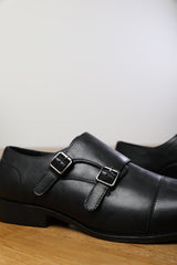 DOMINIC MEN'S FORMAL KEITH BUCKLE TWIN MONK SHOES IN BLACK FAUX LEATHER