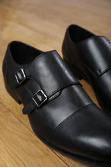 DOMINIC MEN'S FORMAL KEITH BUCKLE TWIN MONK SHOES IN BLACK FAUX LEATHER
