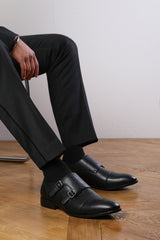 DOMINIC MEN'S FORMAL KEITH BUCKLE TWIN MONK SHOES IN BLACK FAUX LEATHER