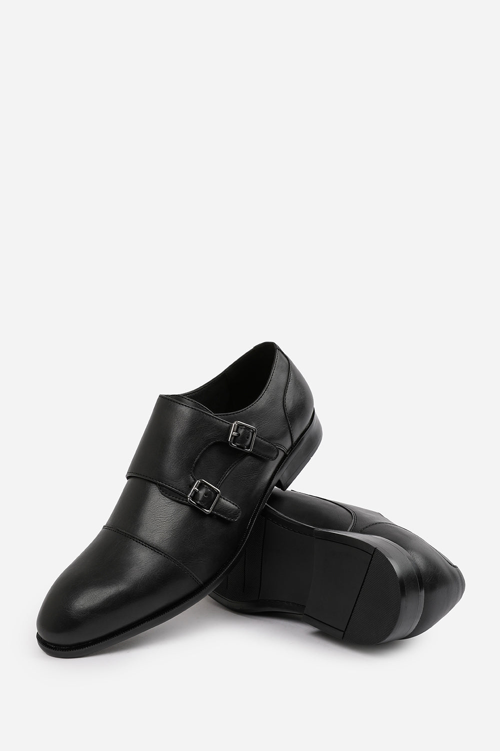 DOMINIC MEN'S FORMAL KEITH BUCKLE TWIN MONK SHOES IN BLACK FAUX LEATHER