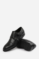 DOMINIC MEN'S FORMAL KEITH BUCKLE TWIN MONK SHOES IN BLACK FAUX LEATHER