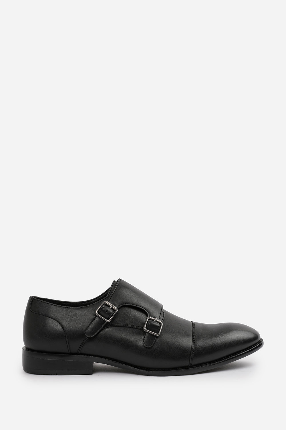 DOMINIC MEN'S FORMAL KEITH BUCKLE TWIN MONK SHOES IN BLACK FAUX LEATHER