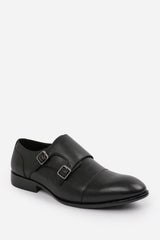 DOMINIC MEN'S FORMAL KEITH BUCKLE TWIN MONK SHOES IN BLACK FAUX LEATHER