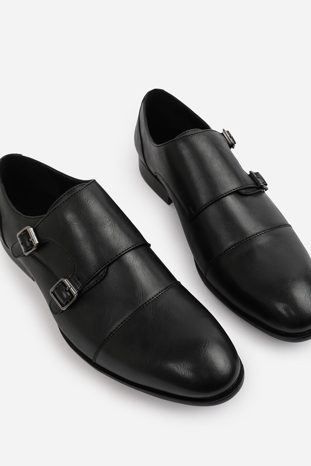 DOMINIC MEN'S FORMAL KEITH BUCKLE TWIN MONK SHOES IN BLACK FAUX LEATHER