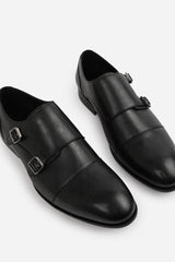 DOMINIC MEN'S FORMAL KEITH BUCKLE TWIN MONK SHOES IN BLACK FAUX LEATHER