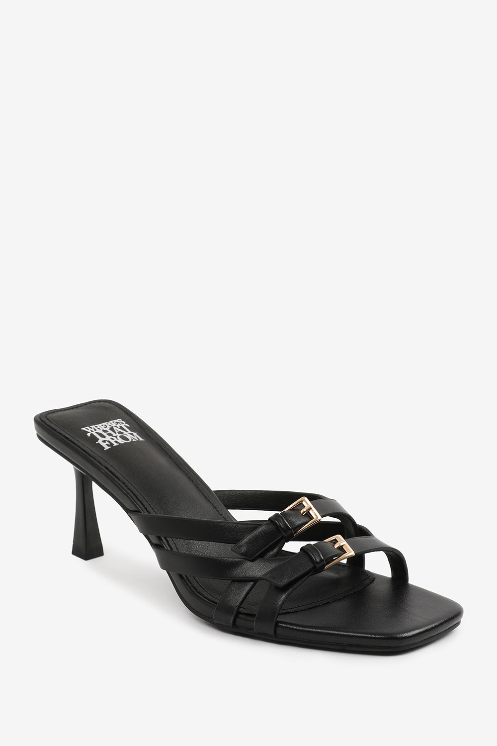 ARIELA WIDE FIT CROSS OVER BUCKLE DETAILS STRAP HEEL IN BLACK FAUX LEATHER