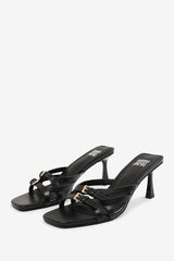 ARIELA CROSS OVER BUCKLE DETAILS STRAP HEEL IN BLACK FAUX LEATHER