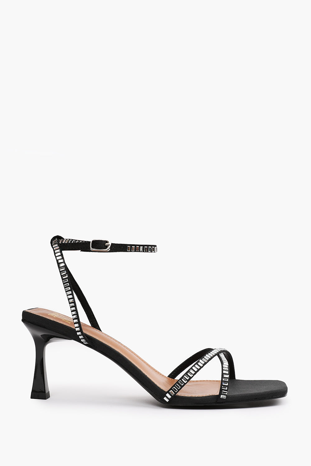 KENIA SQUARE TOE LOW BLOCK HEEL WITH DIAMANTE CROSS OVER STRAP DETAIL IN BLACK SATIN