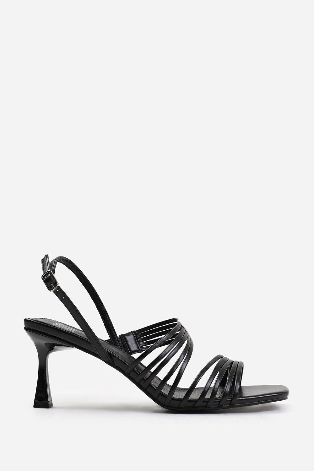 LUISA WIDE FIT SQUARE TOE LOW BLOCK SLINGBACK HEEL WITH MULTI STRAP DETAIL IN BLACK FAUX LEATHER