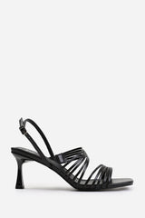 LUISA WIDE FIT SQUARE TOE LOW BLOCK SLINGBACK HEEL WITH MULTI STRAP DETAIL IN BLACK FAUX LEATHER