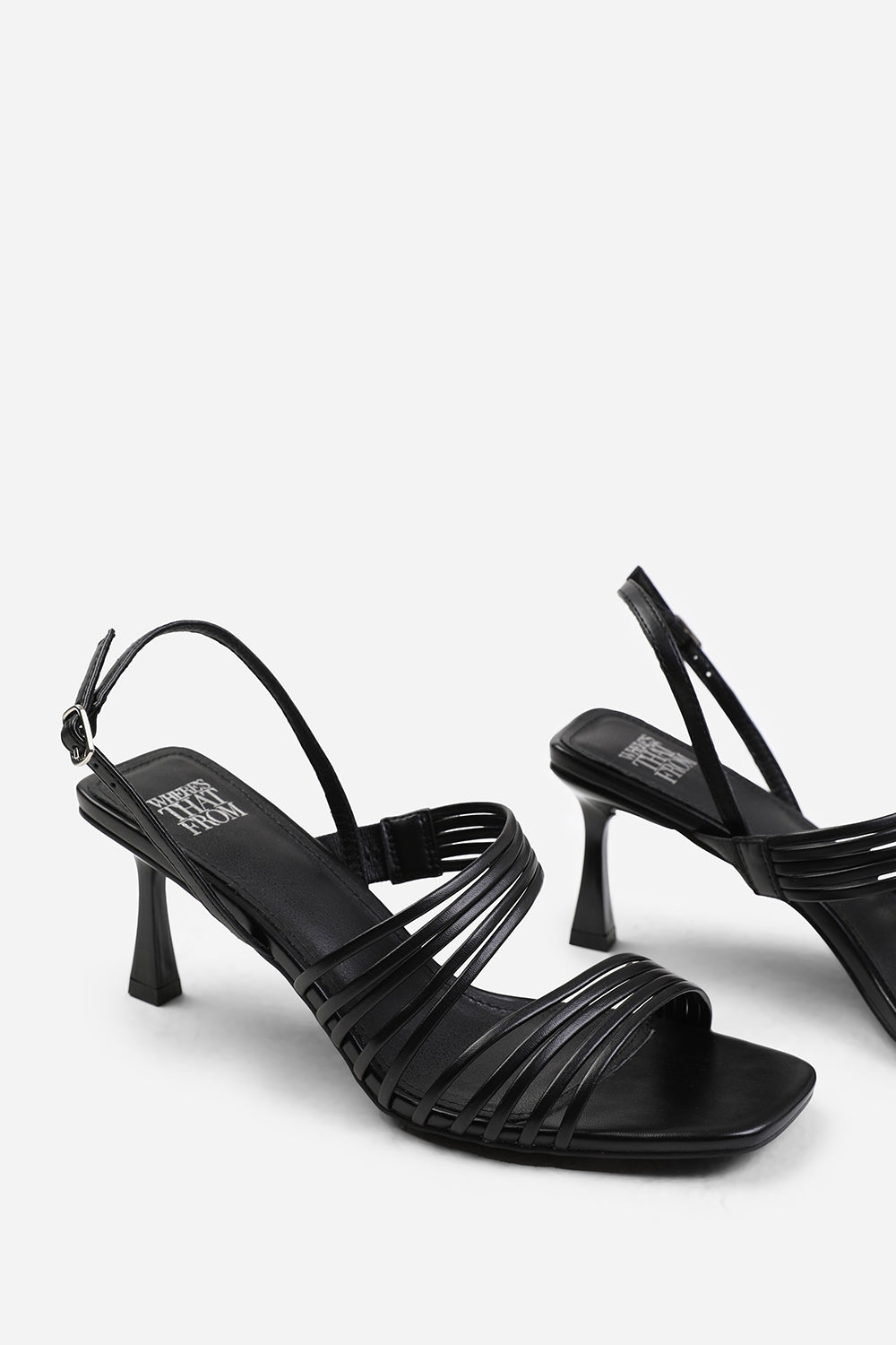 LUISA WIDE FIT SQUARE TOE LOW BLOCK SLINGBACK HEEL WITH MULTI STRAP DETAIL IN BLACK FAUX LEATHER