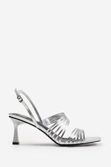 LUISA WIDE FIT SQUARE TOE LOW BLOCK SLINGBACK HEEL WITH MULTI STRAP DETAIL IN SILVER METALLIC FAUX LEATHER