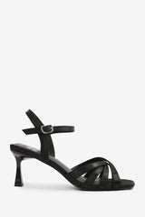 TORIGH CROSS OVER MULTI STRAP ADJUSTABLE BUCKLE HEEL IN BLACK SATIN