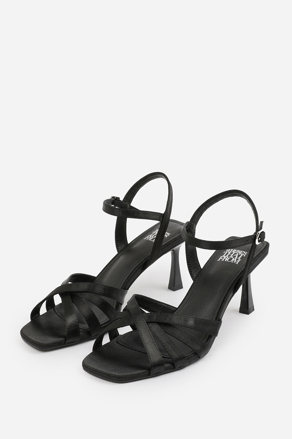 TORIGH WIDE FIT CROSS OVER MULTI STRAP ADJUSTABLE BUCKLE HEEL IN BLACK SATIN