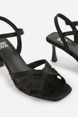 TORIGH WIDE FIT CROSS OVER MULTI STRAP ADJUSTABLE BUCKLE HEEL IN BLACK SATIN