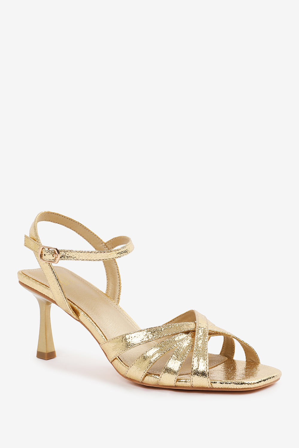 TORIGH CROSS OVER MULTI STRAP ADJUSTABLE BUCKLE HEEL IN GOLD CRINKLE PU