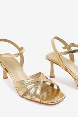 TORIGH CROSS OVER MULTI STRAP ADJUSTABLE BUCKLE HEEL IN GOLD CRINKLE PU