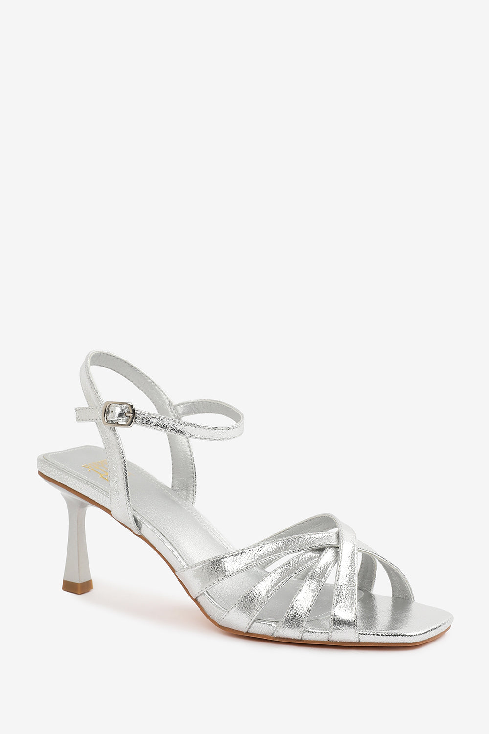 TORIGH WIDE FIT CROSS OVER MULTI STRAP ADJUSTABLE BUCKLE HEEL IN SILVER CRINKLE PU