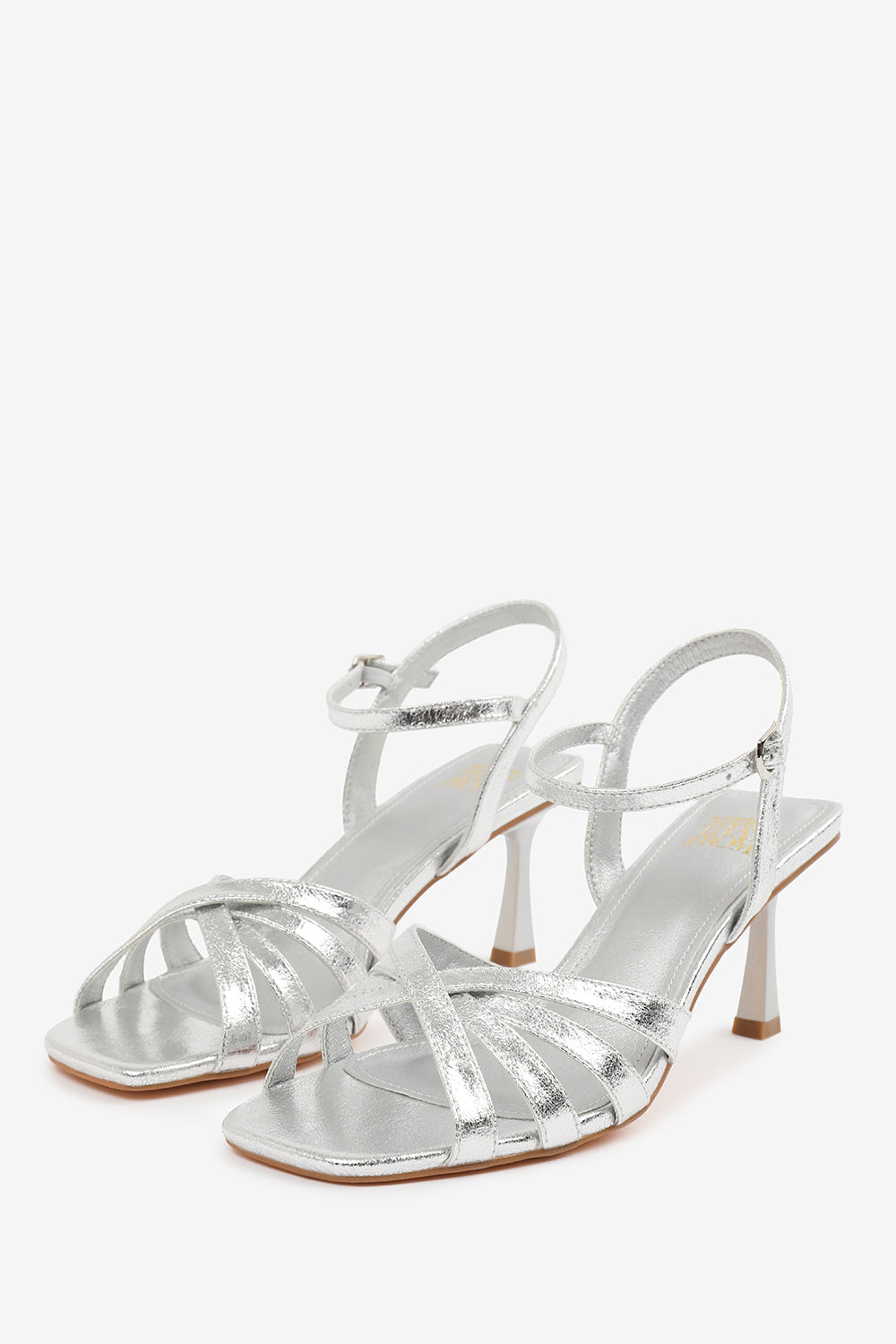 TORIGH CROSS OVER MULTI STRAP ADJUSTABLE BUCKLE HEEL IN SILVER CRINKLE PU