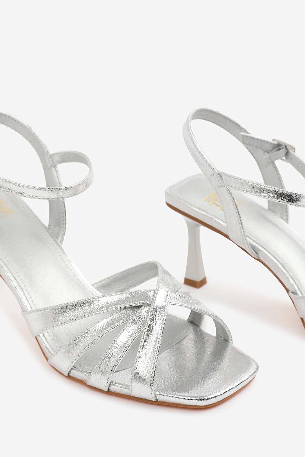 TORIGH CROSS OVER MULTI STRAP ADJUSTABLE BUCKLE HEEL IN SILVER CRINKLE PU