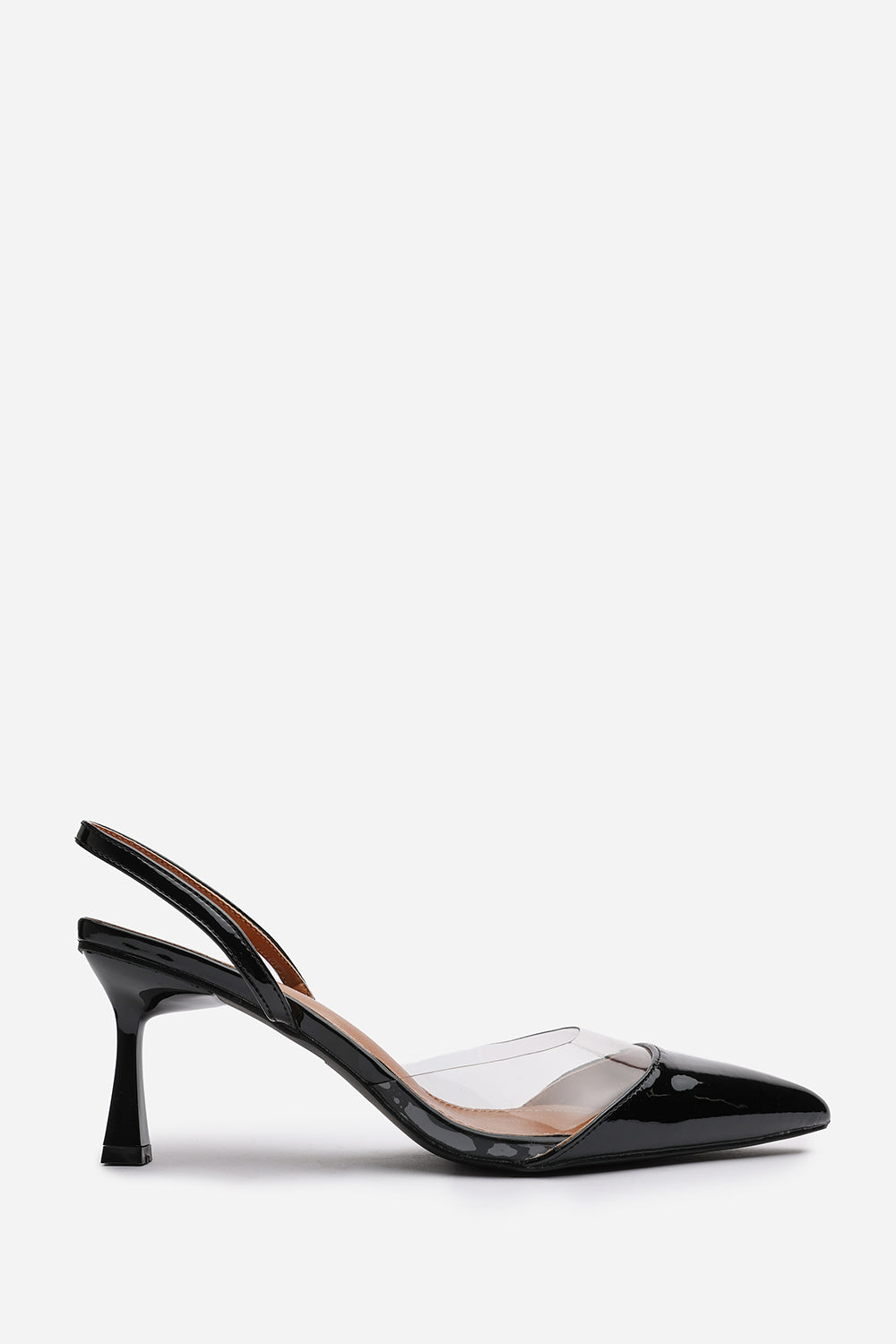 Paige Clear Strap Slingback Heels in Black Patent Finish
