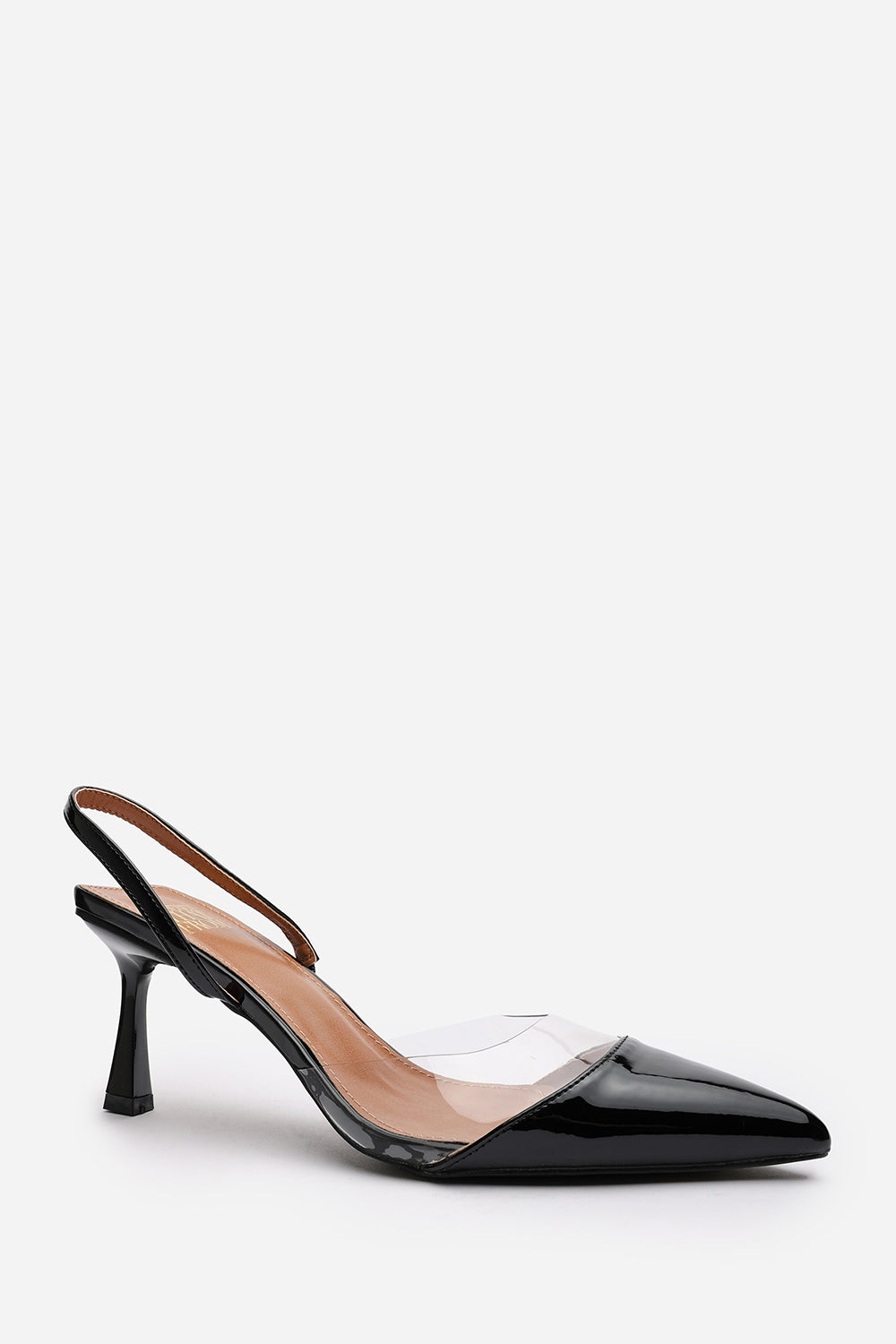 Paige Clear Strap Slingback Heels in Black Patent Finish