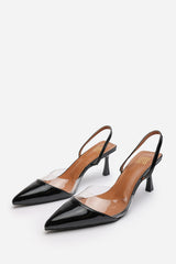Paige Clear Strap Slingback Heels in Black Patent Finish