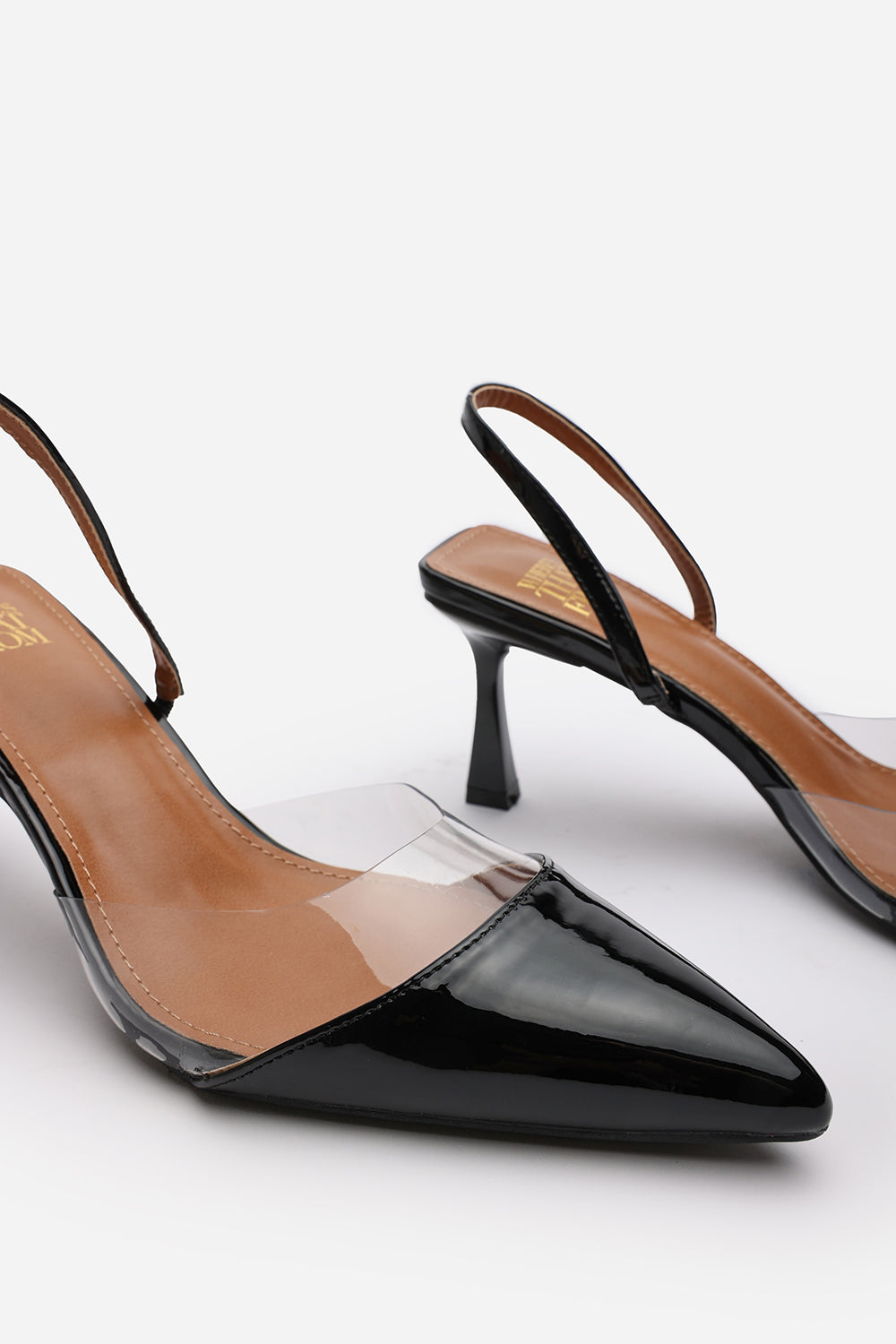 Paige Clear Strap Slingback Heels in Black Patent Finish