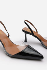 Paige Clear Strap Slingback Heels in Black Patent Finish
