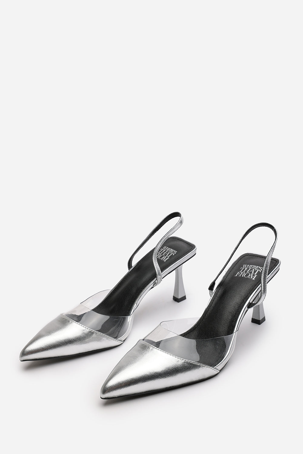 Paige Clear Strap Slingback Heels in Silver Metallic