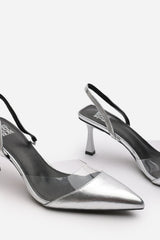 Paige Clear Strap Slingback Heels in Silver Metallic