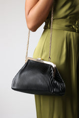 Haze Pleated Frame Clutch Bag With Gold Chain Strap In Black