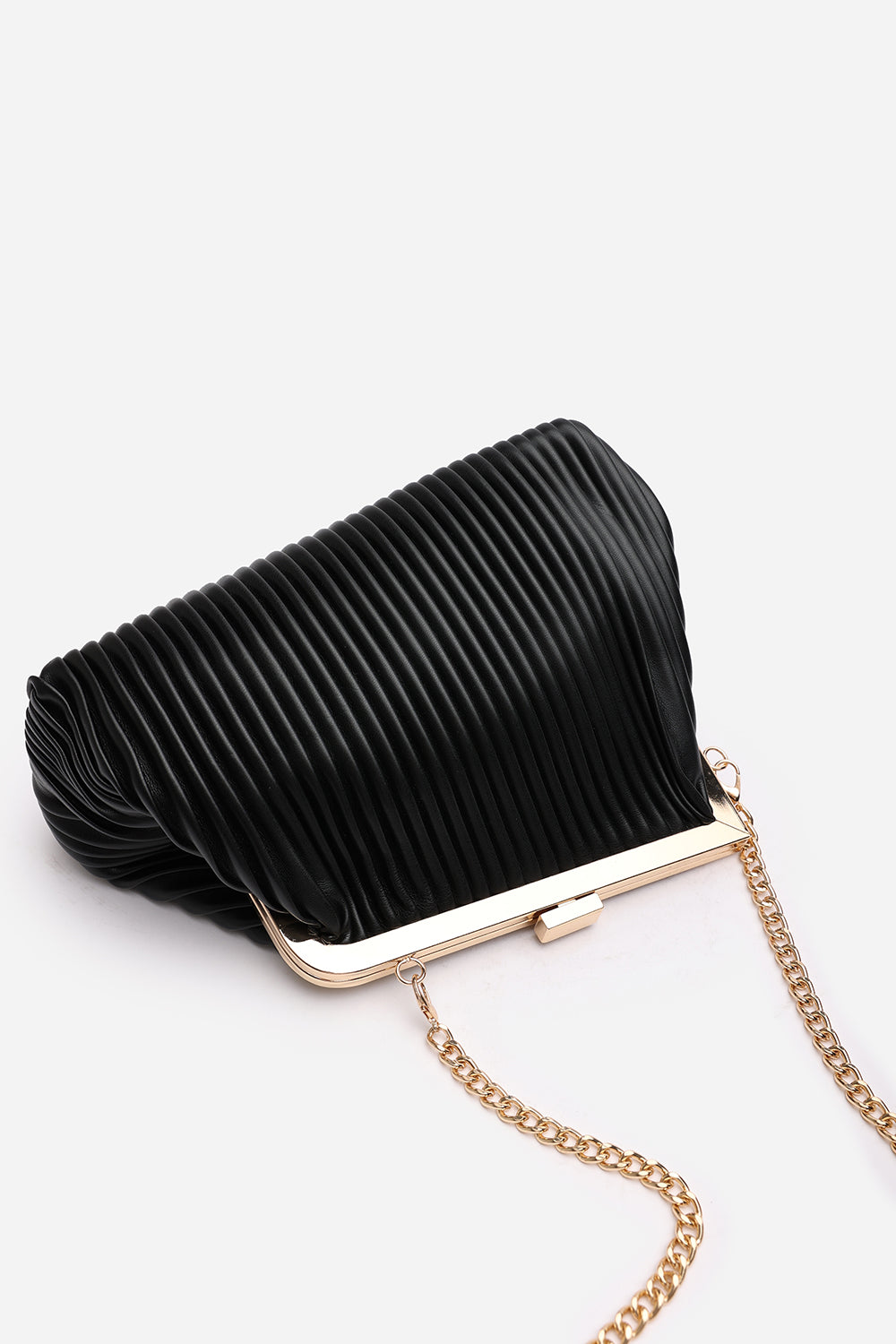 Haze Pleated Frame Clutch Bag With Gold Chain Strap In Black