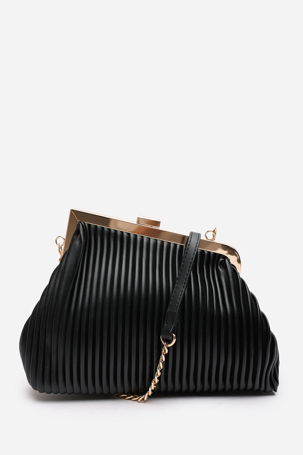 Haze Pleated Frame Clutch Bag With Gold Chain Strap In Black