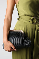 Haze Pleated Frame Clutch Bag With Gold Chain Strap In Black