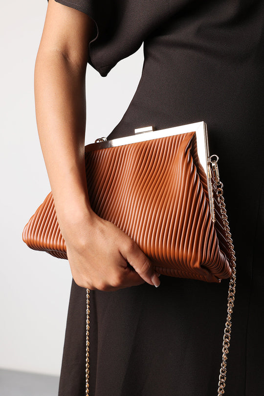 Haze Pleated Frame Clutch Bag With Gold Chain Strap In Tan