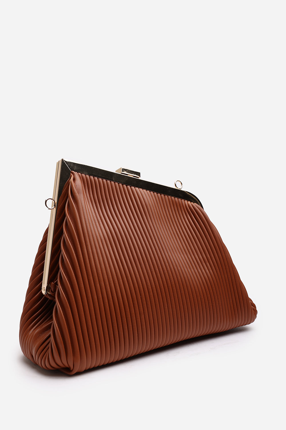 Haze Pleated Frame Clutch Bag With Gold Chain Strap In Tan