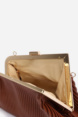 Haze Pleated Frame Clutch Bag With Gold Chain Strap In Tan