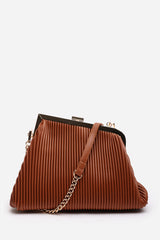 Haze Pleated Frame Clutch Bag With Gold Chain Strap In Tan