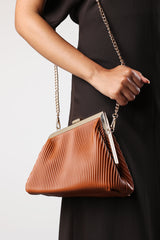 Haze Pleated Frame Clutch Bag With Gold Chain Strap In Tan