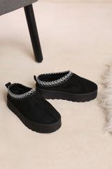 MANGO KIDS FLATFORM EMBROIDERED LOW ANKLE SLIPPER BOOTS IN BLACK SUEDE