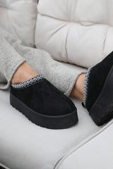 ALLEGRA FLATFORM EMBROIDERED LOW ANKLE SLIPPER BOOTS IN BLACK SUEDE