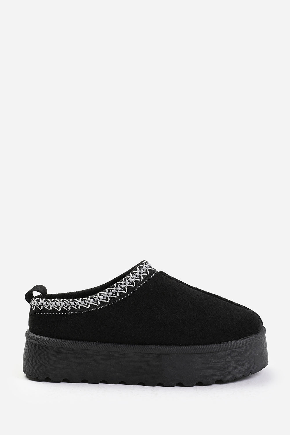 ALLEGRA FLATFORM EMBROIDERED LOW ANKLE SLIPPER BOOTS IN BLACK SUEDE