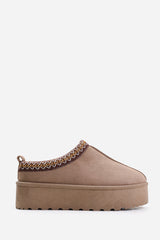 ALLEGRA FLATFORM EMBROIDERED LOW ANKLE SLIPPER BOOTS IN CAMEL SUEDE