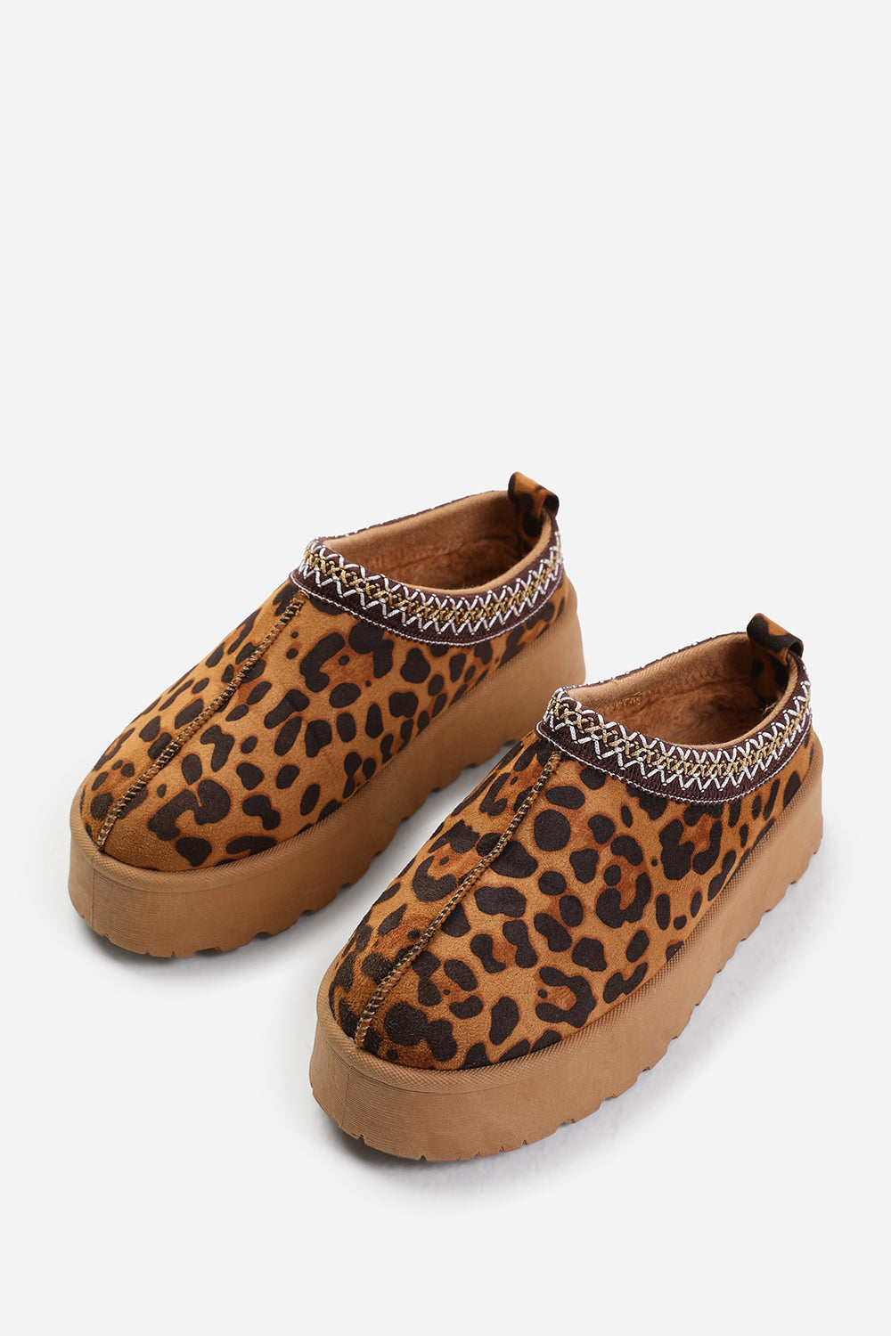 ALLEGRA FLATFORM EMBROIDERED LOW ANKLE SLIPPER BOOTS IN LEOPARD SUEDE