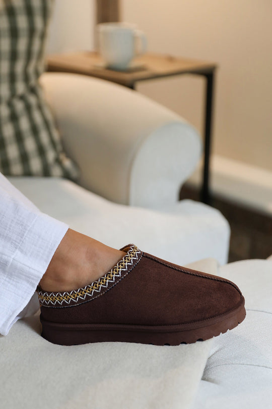 Pine Aztec Detail Faux Fur Lining Mini Boots In Brown Suede